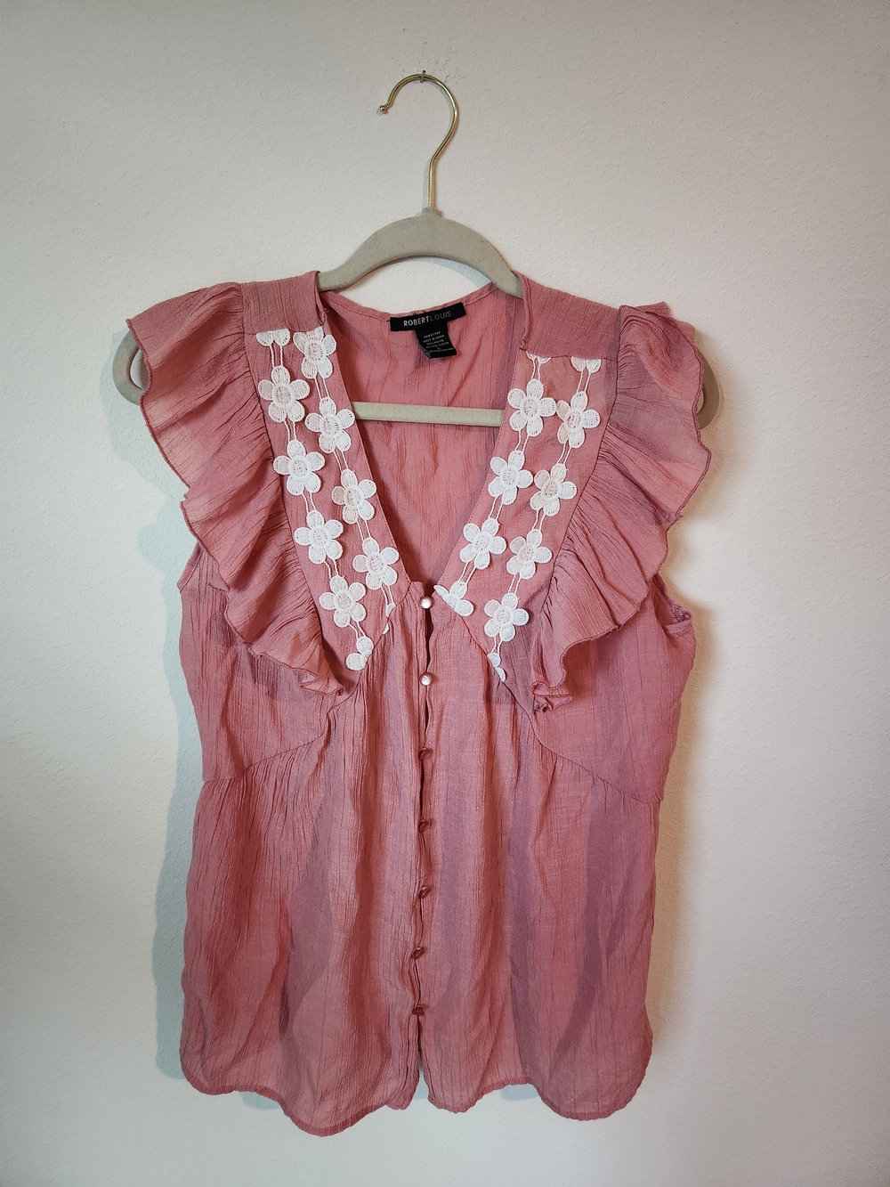 Robert Louis Pink Floral-Trim Ruffle Sleeve Blouse